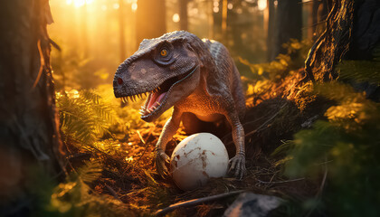 Tyrannosaurus rex with small egg in sunlight