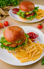 burgers with french fries served on plates