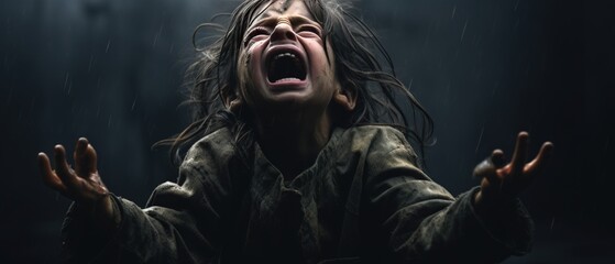 Portrait little girls crying in the ruins of buildings caused by war. AI generated - obrazy, fototapety, plakaty