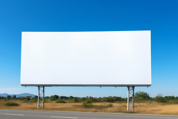 Large street white banner with space for your advertising, text or inscriptions and logo standing in a field by the asphalt road.generative ai