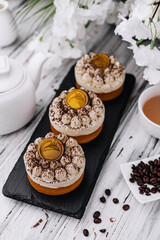tiramisu tartlets and tea top view