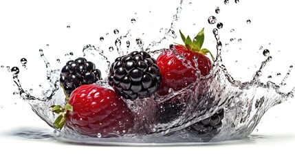 Blackberries and raspberries with water splash isolated on white background