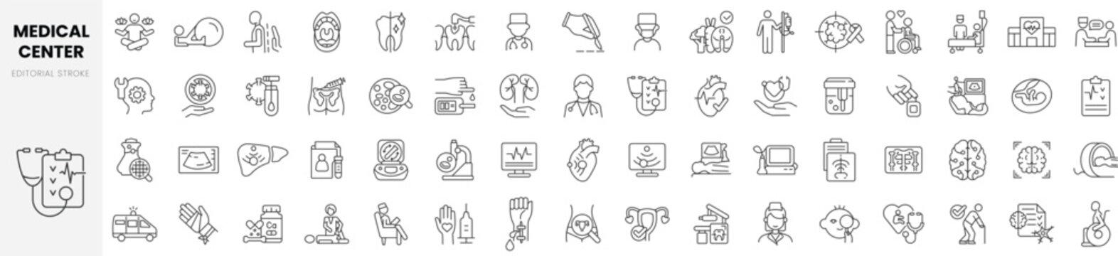 Set Of Linear Medical Center Services Icons. Thin Outline Icons Pack. Vector Illustration