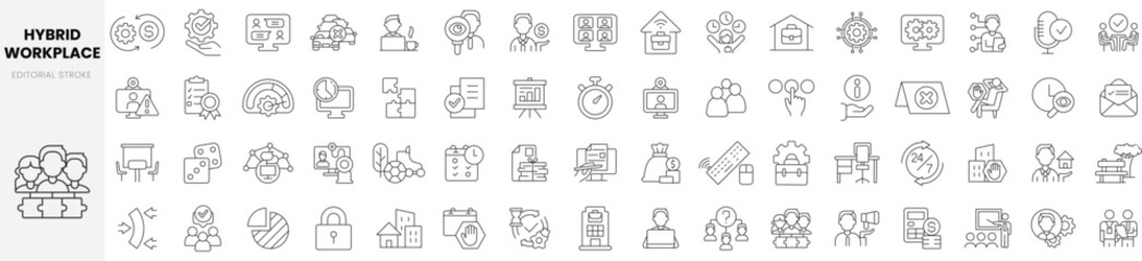 Set of linear hybrid workplace icons. Thin outline icons pack. Vector illustration - obrazy, fototapety, plakaty