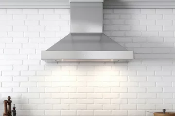 Deurstickers Stainless steel hood installed on a new kitchen, front view.generative ai © Ivan