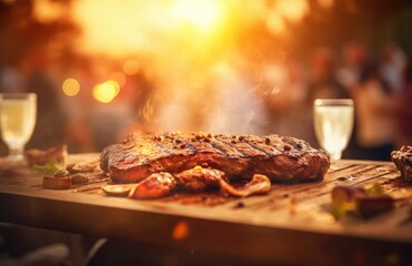 Naklejka na ściany i meble Beef steaks on the grill with flames