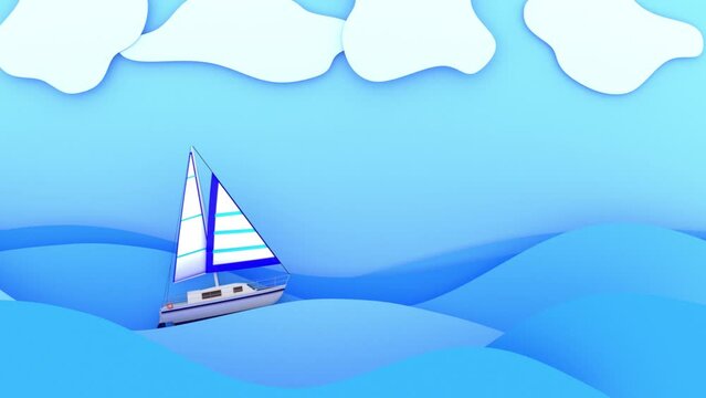 sailing yacht in the sea on the waves, cartoon style, 3d render
