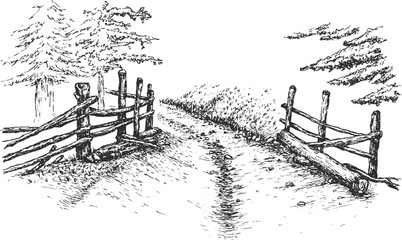 Country road with wood fence and trees along way in hand drawn sketch style. Vintage monochrome nature composition isolated on white background. Vector grayscale retro illustration.