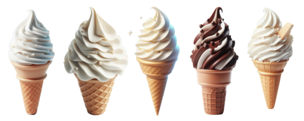 Set of ice cream in waffle cone isolated on transparent background.