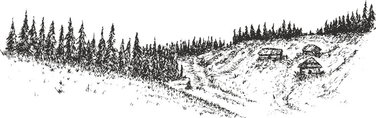 Hand drawn hills panoramic landscape with house village, forest trees and mountains. Vintage art composition outdoor nature. Vector illustration.