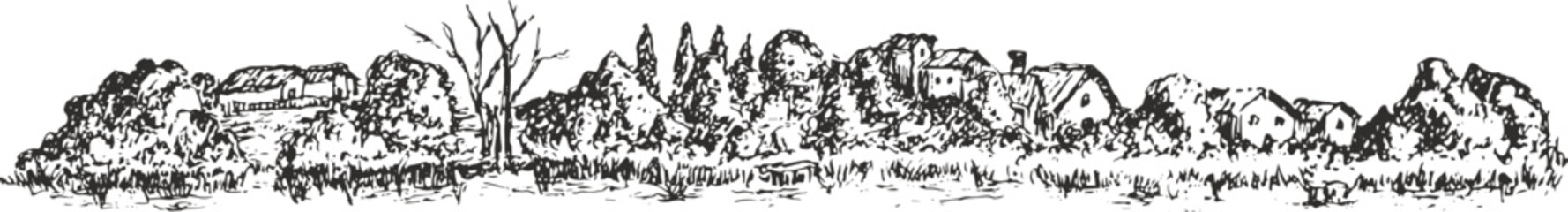 Panoramic river bank landscape with trees and village house in hand drawn sketch style. Vintage art composition outdoor nature. Vector illustration.