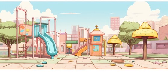 Hand drawn playground landscape cartoon on pastel color background. AI generated