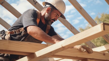A male roofer is in the process of strengthening the wooden structures of the roof of a house. A middle-aged Caucasian man is working on the construction of a wooden frame house.