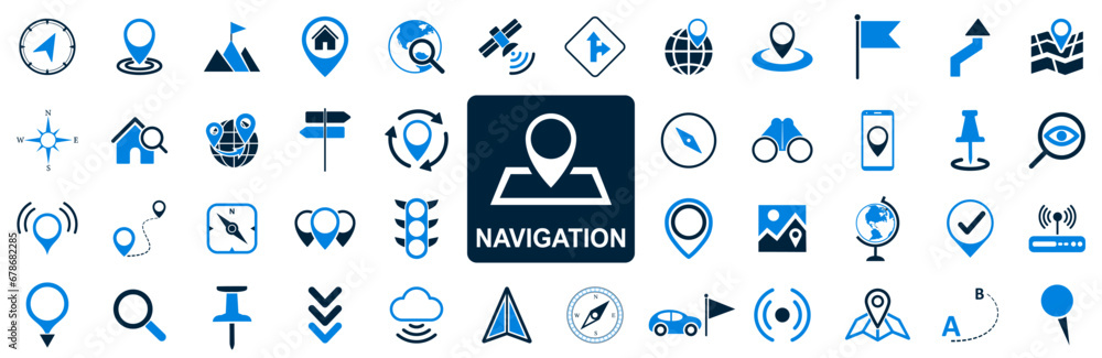 Poster location icon set, navigation signs, gps location symbols, collection map pointer icons, destination