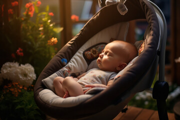 Little sleeping baby in a lounger or baby rocker in the room.generative ai