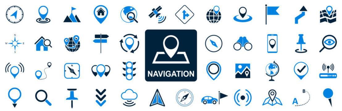 Location icon set, navigation signs, GPS location symbols, collection map pointer icons, destination, directions, route, compass, distance, place, address - stock vector