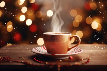 Fototapeta premium christmas composition with coffee and candy cane, hands holding a coffee cup with candy canes and christmas presents