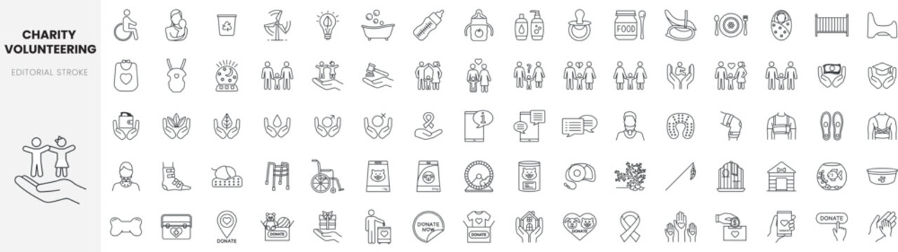 Set Of Linear Charity And Volunteering Icons. Thin Outline Icons Pack. Vector Illustration