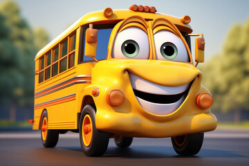 Happy character yellow school bus on the road in a sunny summer day - obrazy, fototapety, plakaty