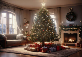 Fototapeta na wymiar Christmas interior. Glowing fireplace, hearth, tree. Gifts and decorations