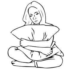 Sad tired woman hugging a pillow