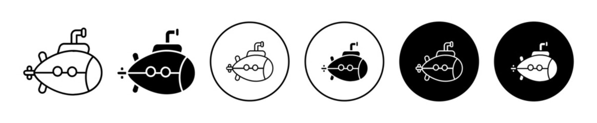 Submarine icon set. Undersea nuclear warfare submarine vector symbol. Underwater marine navy submarine in black filled and outlined style.