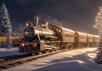 Christmas train. Fairy locomotive in holiday postcard style. Merry christmas and happy new year concept