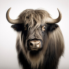 a long haired Yak Buffalo portrayed in studio on a white background tion created with Generative Ai