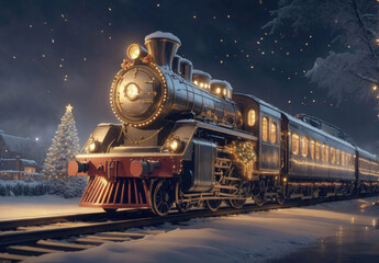 Naklejka premium Christmas train. Fairy locomotive in holiday postcard style. Merry christmas and happy new year concept