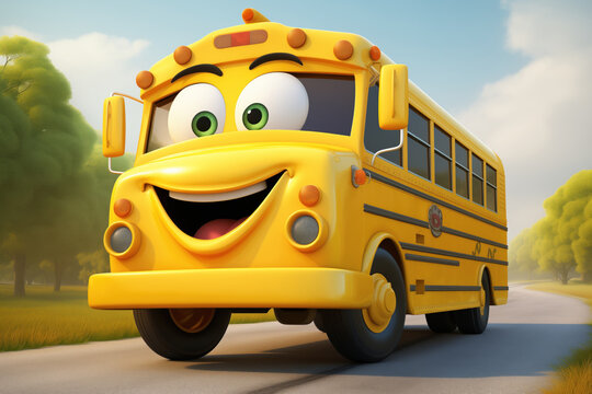 Happy character yellow school bus on the road in a sunny summer day
