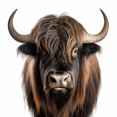 a long haired Yak Buffalo portrayed in studio on a white background tion created with Generative Ai