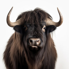 a long haired Yak Buffalo portrayed in studio on a white background tion created with Generative Ai