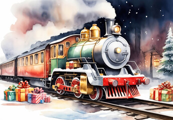 Naklejka premium Watercolor style christmas train and postcard style. Merry christmas and happy new year concept