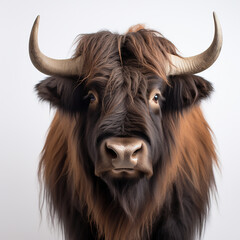 a long haired Yak Buffalo portrayed in studio on a white background tion created with Generative Ai