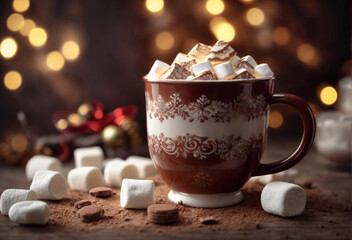 Obraz na płótnie Canvas Hot drink with marshmallows . Fir cones, spices in the background. Cozy seasonal holidays