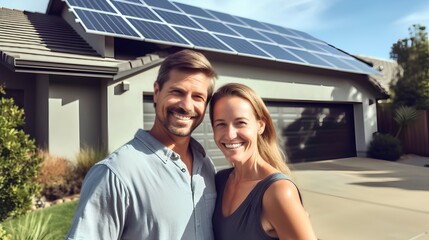 A joyful, ecoconscious couple embraces in front of their modern home equipped with efficient solar panels on the roof, symbolizing a commitment to green energy and sustainable living. - obrazy, fototapety, plakaty
