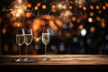 Celebration toast champagne glasses on wooden table and fireworks in background. 
