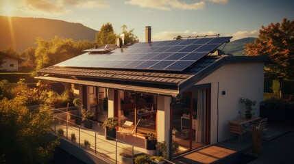 Electricians building photovoltaic solar module station on roof of house.