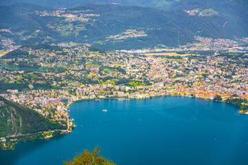 Lugano Lake, Italian: Lago di Lugano, and Lugano city. Lookout from Balcony of Italy on Mount...