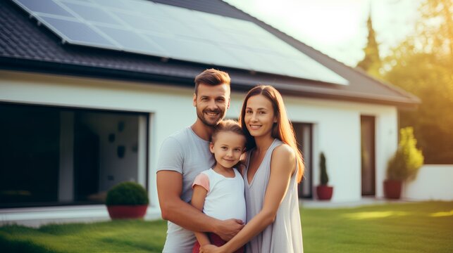 A joyful, ecoconscious family embraces in front of their modern home equipped with efficient solar panels on the roof, symbolizing a commitment to green energy and sustainable living.