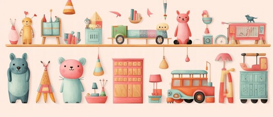 Hand drawn montessori toys cartoon on pastel color background. AI generated