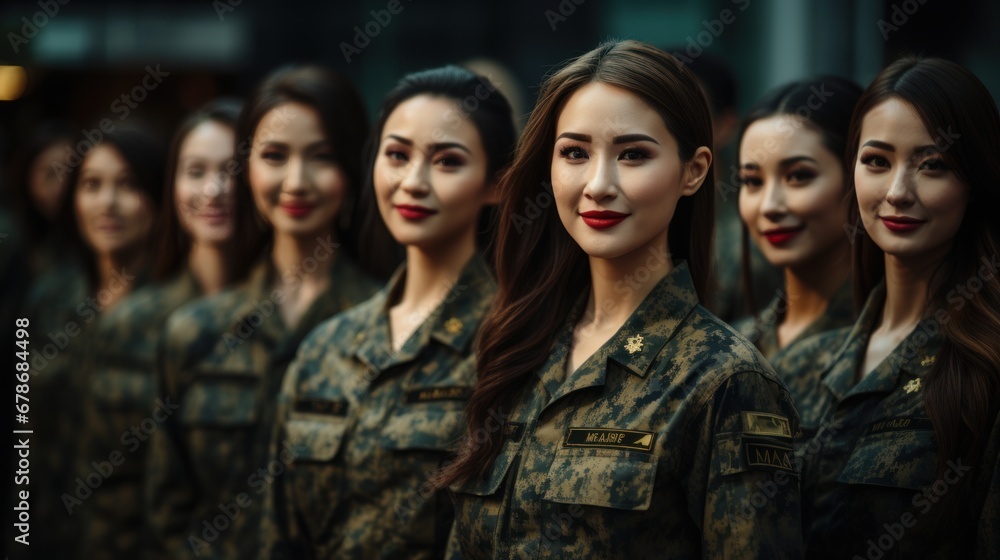 Wall mural Group of young Asian women in military digital camouflage uniforms standing at army