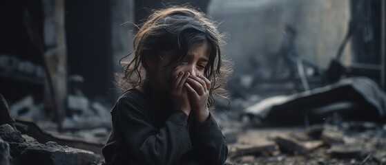 Portrait little girls crying in the ruins of buildings caused by war. AI generated