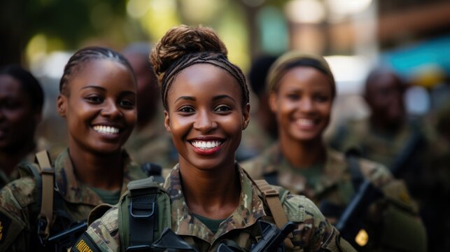 Group of black African female soldiers in digital camouflage uniforms, military