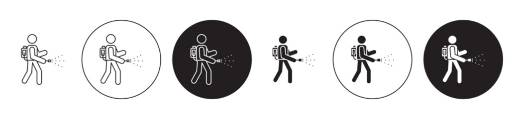 Mite disinfectant man line icon set. Fumigation control symbol in black color. - obrazy, fototapety, plakaty