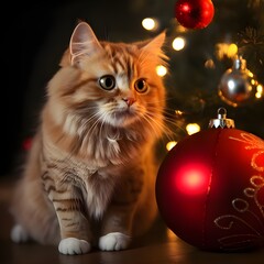 Cheerful Christmas Cat in Red Attire Amid Festive Decor, Spreading Holiday Joy with Christmas Greetings and Celebratory Moments by the Christmas Tree