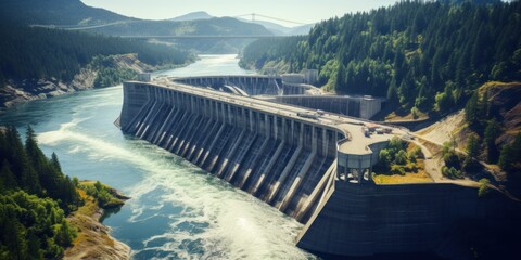 Hydroelectric power dam on a river in mountains, aerial view. - obrazy, fototapety, plakaty