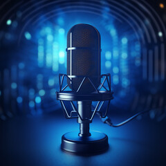 podcast dark blue background with mic and sound waves, realistic created with Generative Ai