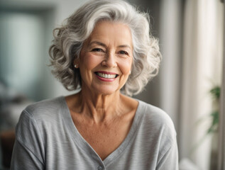 Beautiful gorgeous 50s mid age beautiful elderly senior model woman with grey hair laughing and smiling on a gray background