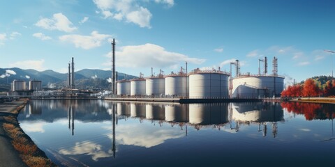 Hydrogen production plant, large metal storage tanks near lake or river.